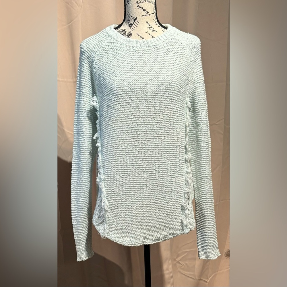 Kismet knit/crochet sweater with fringe size Lg color seafoam.